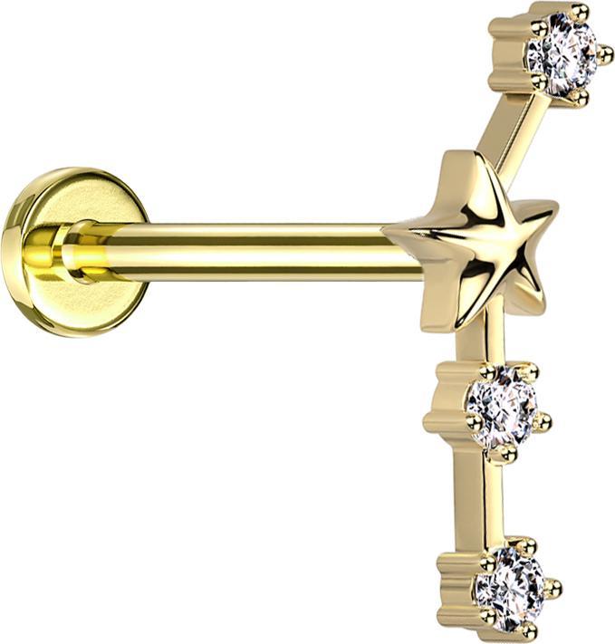 Produktbild Star Piercing Micro Labret Innengewinde vergoldet Sternzeichen Widder mit Kristallen (Chirurgenstahl 316L, Messing)