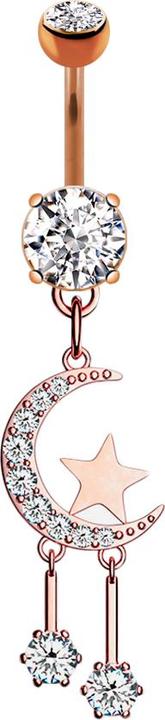 Produktbild Star Piercing Banane rosegold mit zwei Kugeln Kristall silber Anhänger Mond und Sterne (Messing, Chirurgenstahl 316L)
