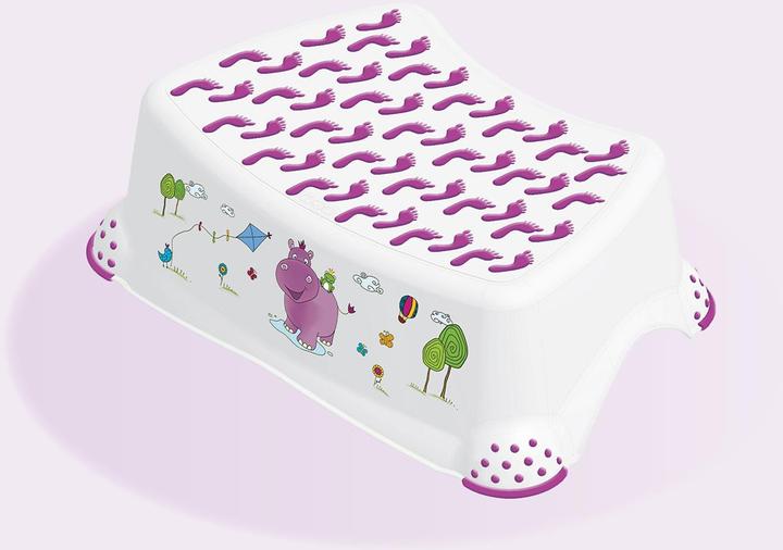 Produktbild keeeper Kindertritthocker ""tomek hippo"", weiß mit Aufdruck Belastbarkeit: 100 kg, gummierte Oberfläche und