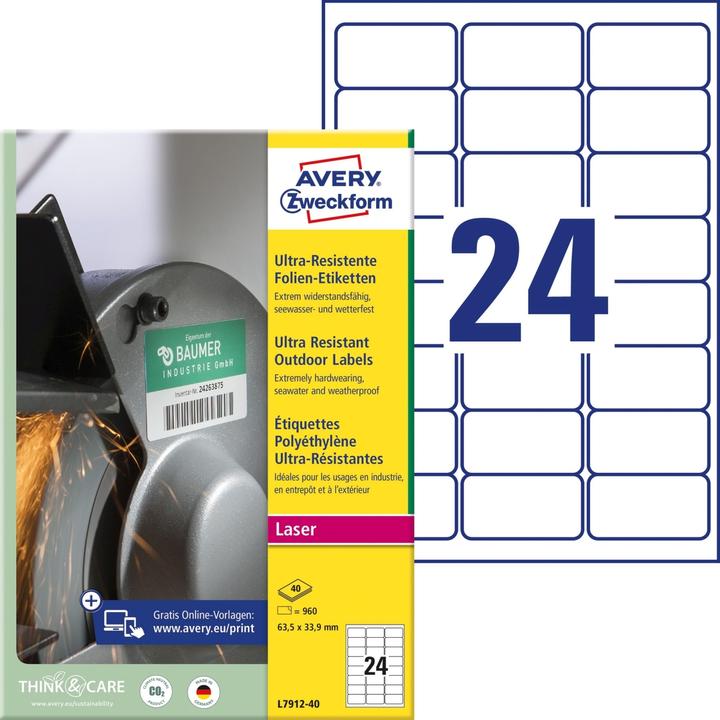 Immagine prodotto Avery ZW. Etichette 63,5x33,9mm L7912-40 bianco, opaco, A4 40 fogli