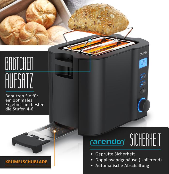 Produktbild Arendo Toaster Edelstahl 2 Scheiben Kurzschlitz, Doppelwand, Brötchenaufsatz, Display mit Restzeitanzeige