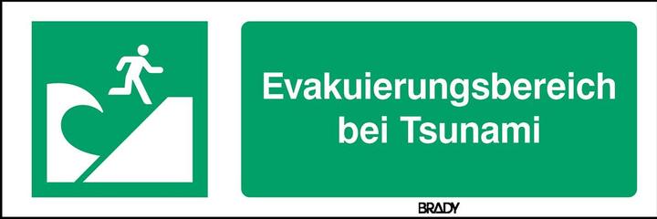 Label énergétique Brady E/E062/DE280/ALU-297X105-1, panneau de sécurité ISO - Zone d'évacuation en cas de tsunami