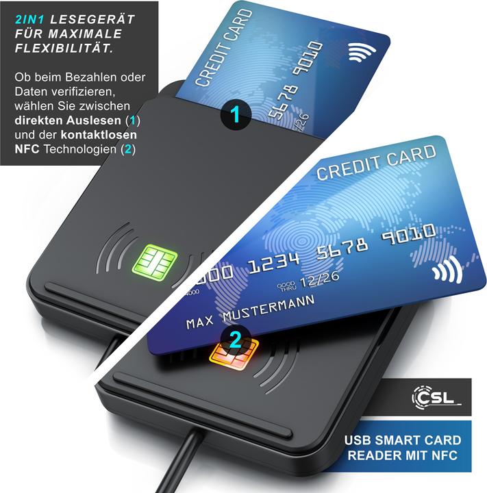 Produktbild CSL USB Chipkartenleser, NFC, ISO 7816/14443, kompatibel mit Mac OS X & Windows 11, für Personalausweis (USB)