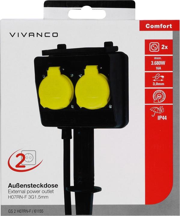 Actual product image Vivanco Garden spike with 2 Schuko sockets, with child safety lock, self-closing lid, with cable (3 m, CEE 7/4)