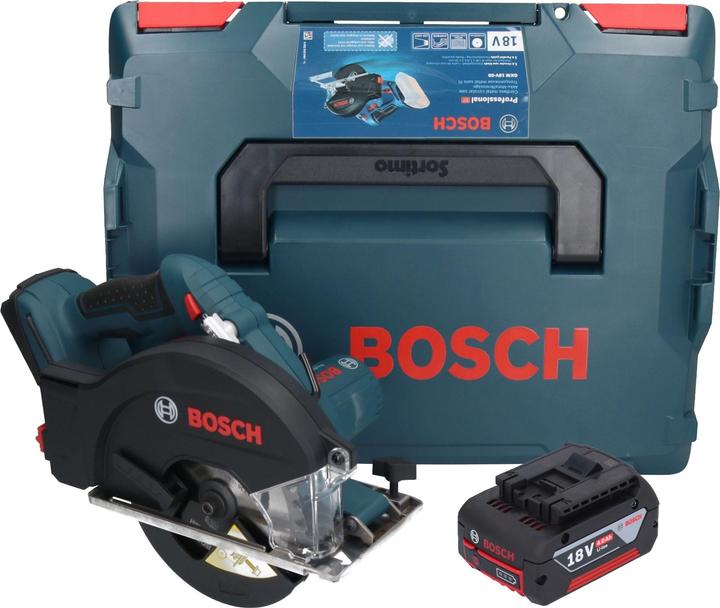 1,2 x 20 mm, 30Z, 1x Parallelanschlag, 1x L-Boxx 238, 1x passende Einlage, 1x Bosch GKM 18V-50 Professional Akku Metall Handkreissäge, 1x Bosch GBA 18V 4.0Ah Akku, 1x Kreissägeblatt Standard for Steel 136 x 1,6