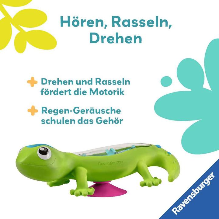 Produktbild Ravensburger 4870 play+ Regenmacher: Gecko, Musikinstrument, Mini-Rassel, Saugnapf-Spielzeug