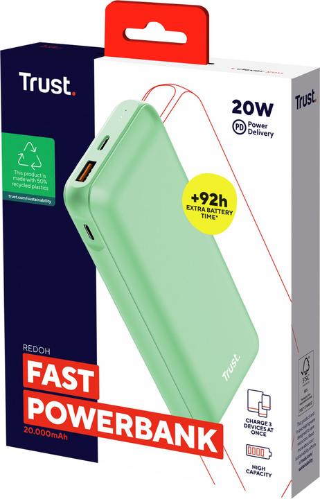 Immagine prodotto Trust Redoh - Powerbank - 20.000 mAh - USB A/USB C - Ricarica rapida - Buono (20000 mAh, 18 W, 74 Wh)
