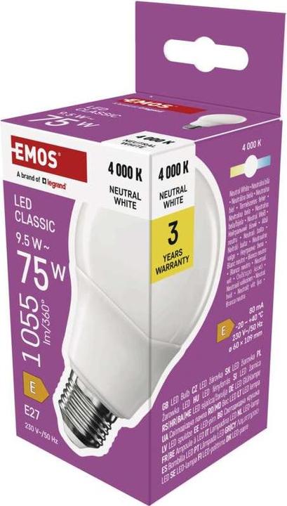 Produktbild Emos LED Lampe Classic A60 / E27 / 9,5 W (75 W) / 1055 lm / Neutral Weiss (E27, 9.50 W, 1055 lm, 1 x, E)