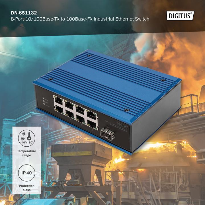 Image du produit Digitus Commutateur industriel Ethernet 8 ports 10/100BASE-TX + 1 port 100BASE-FX (8 Ports)