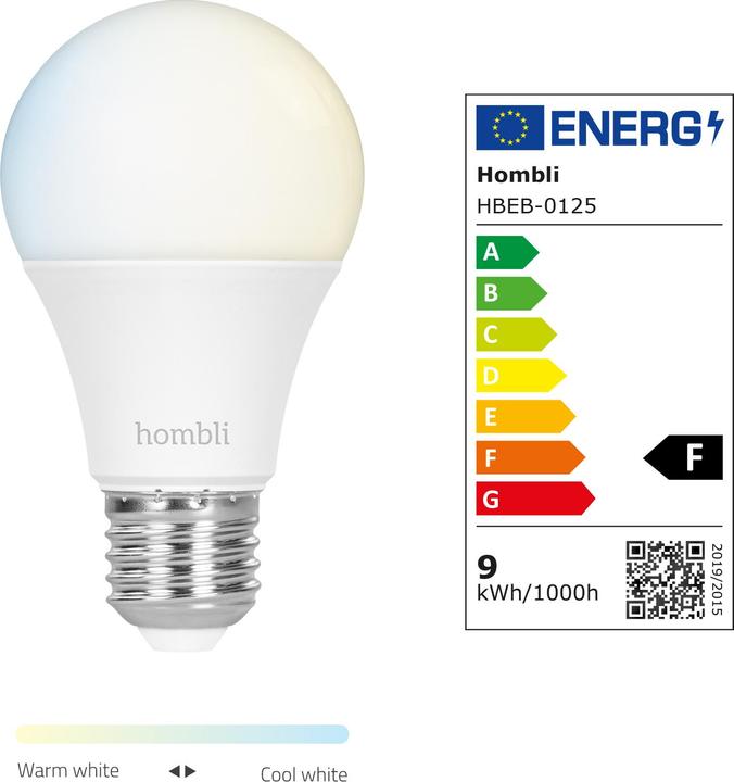 Label énergétique Hombli Smart Bulb CCT (E27, 9 W, 800 lm, 1 x, F)