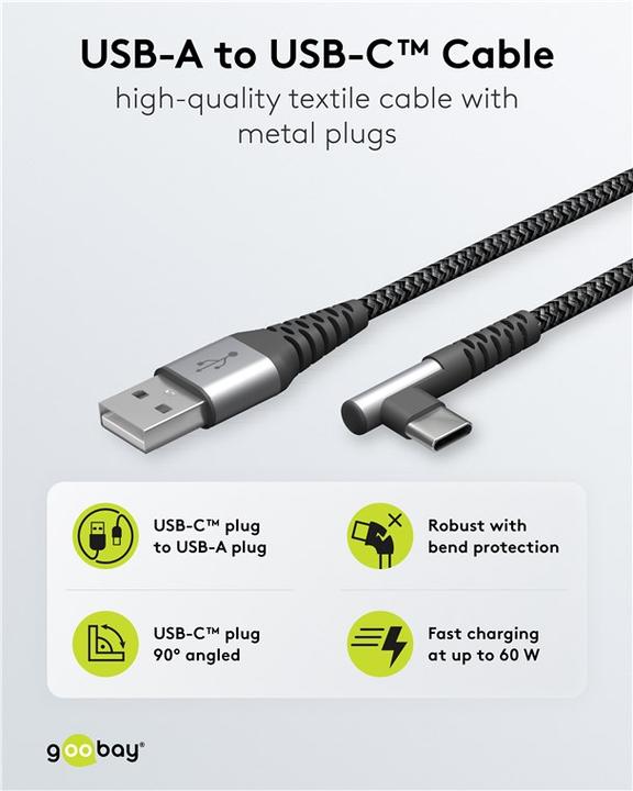 Produktbild Goobay USB-C-auf-USB-C-Textilkabel mit Metallsteckern spacegrau/silber, 90°, 1 m (1 m, USB 2.0)