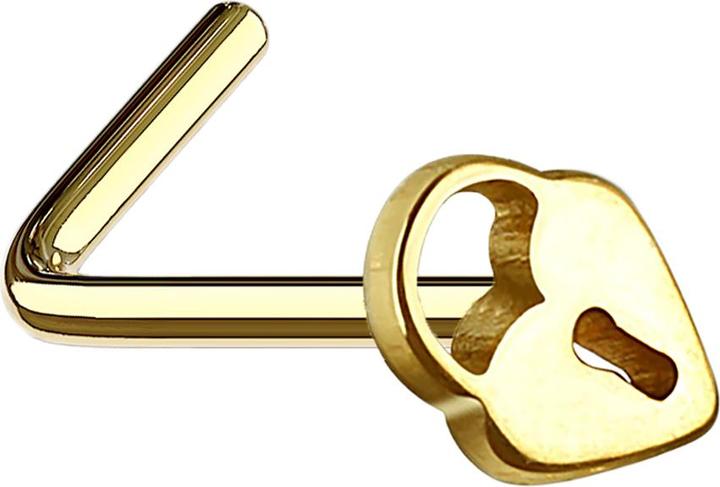 Star Piercing Nasenstecker gewinkelt vergoldet mit Herzschloss (Chirurgenstahl 316L, ohne Messing)