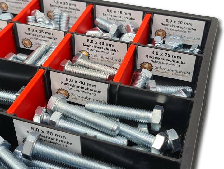 Actual product image Schraubenbox24 Hexagon bolts assortment M8-M10 // 10mm-50mm 110 pcs. Screw box DIN 933 (110 Screws per piece)