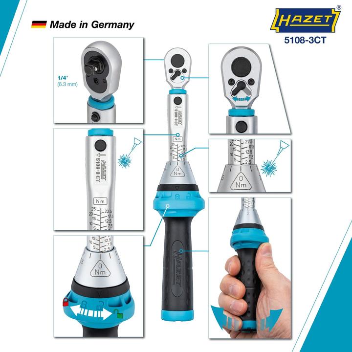 Actual product image HAZET Torque wrench 5108-3CT ∙ Nm min-max: 2.5 - 25 Nm ∙ Tolerance: 3% ∙ Square, solid 6.3 mm (1/4 … (1/4", 2.50 Nm, 25 Nm)
