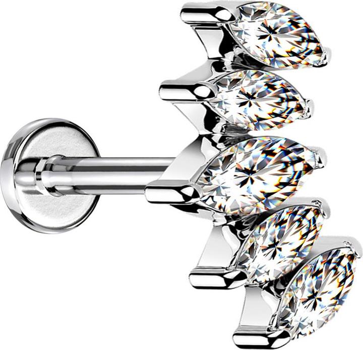 Star Piercing Micro Labret Innengewinde silber Fächer mit fünf Kristalle silber (ohne Messing, Chirurgenstahl 316L)