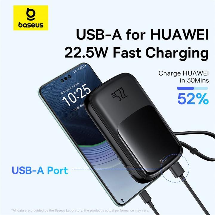 Immagine prodotto Baseus Powerbank Qpow Pro+ 10000mAh 22,5W con cavo USB-C integrato e display - nero (10000 mAh, 22.50 W, 37 Wh)