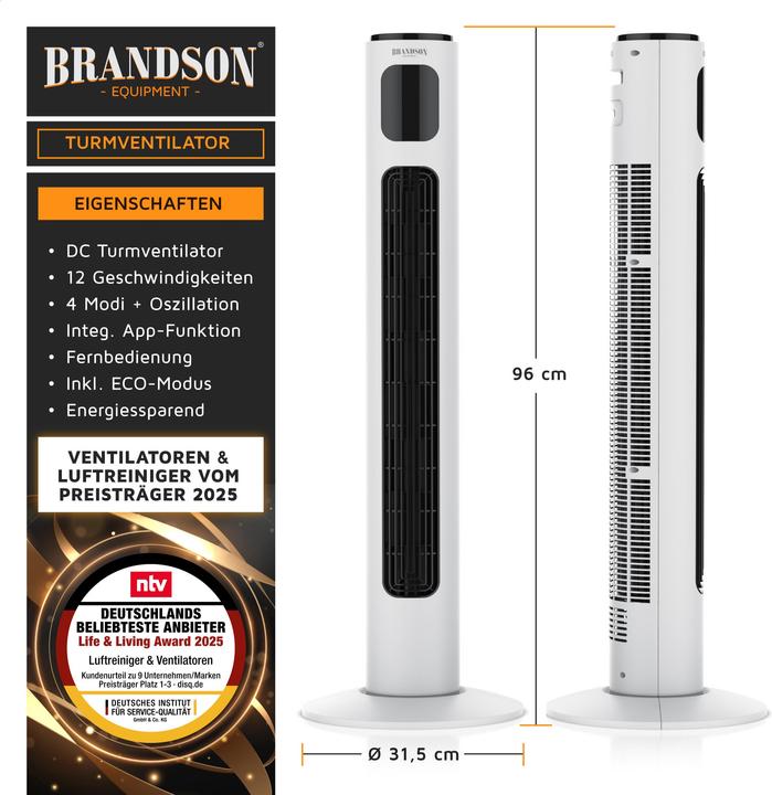 Produktbild Brandson Turmventilator WiFi, Eco DC-Motor 35W, App-Steuerung/Sprachbefehl, Timer, leiser Lüfter, Oszillation (52 dB)