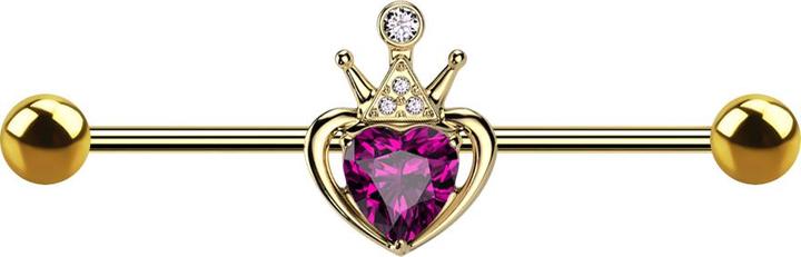Star Piercing Barbell vergoldet mit zwei Kugeln Herzkrone Kristall rosa (Chirurgenstahl 316L, Messing)