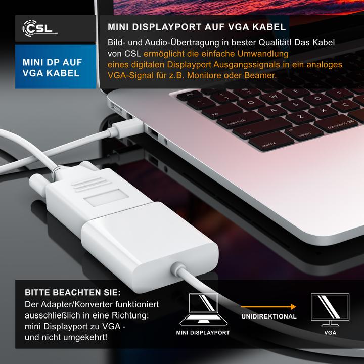 Produktbild CSL Mini Displayport zu VGA Audio Video Kabel, miniDP Monitor Adapter / Thunderbolt 1 & 2 kompatibel (5 m, DisplayPort, VGA)