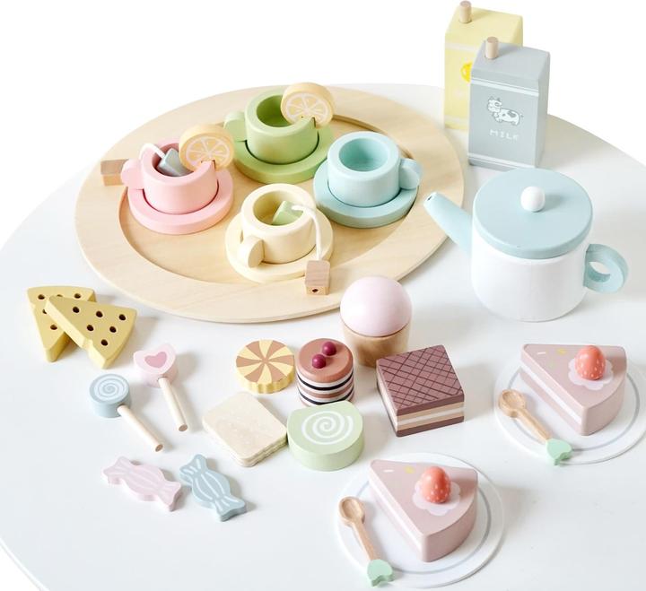 Activity Board Teeservice für Kinder aus Holz mit Dessert, Teeparty-Set Holzspielzeug, Kinderküchenzubehör Holz