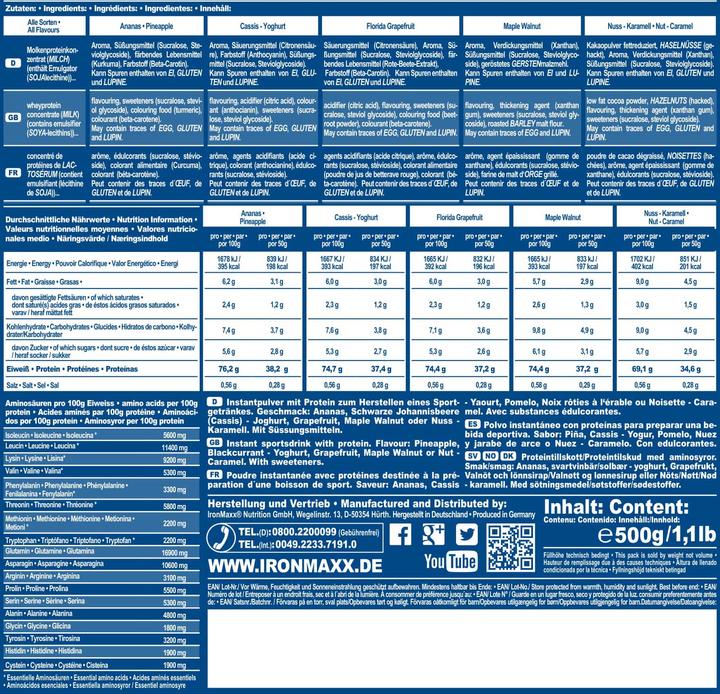 Nährwerte und Zutaten IronMaxx 100% Whey Protein (500g Beutel) (Latte Macchiato, 1 Stk., 500 g)