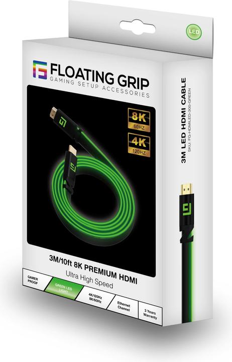 Actual product image Floating Grip HDMI Cable High Speed 8K/60Hz LED 3.0m green (3 m, HDMI)