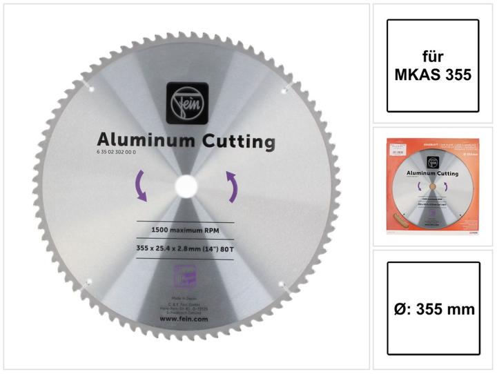 Produktbild Fein Aluminium Cutting Kreissägeblatt 355 x 2,8 x 25,4 mm ( 63502302000 ) für MKAS 355