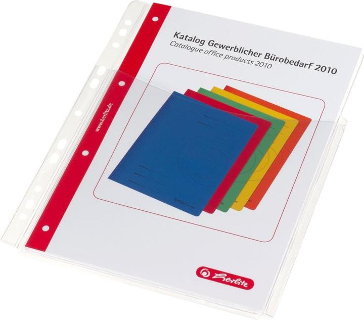 Produktbild Herlitz Prospekthülle mit Faltentasche, DIN A4, PVC, 0,30 mm glasklar, Eurolochung, extra stark, oben offen (A4, 5 x)