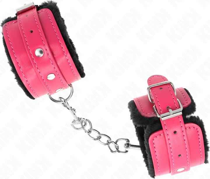 Actual product image Kink PREMIUM FURNISHED Wrist Cuffs BLACK ADJUSTABLE WITH RASPBERRY ROSE BELT 17-29