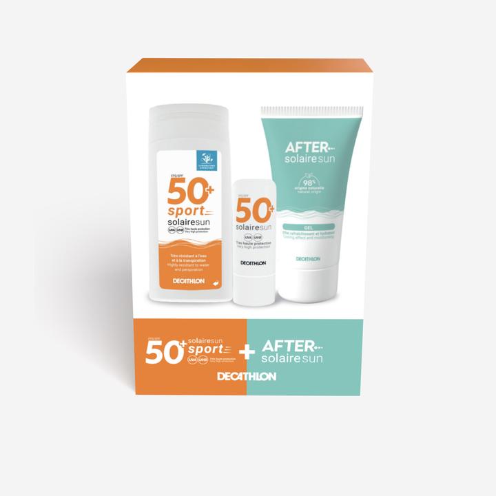 Actual product image Decathlon Sonnenschutz Mini-Set Sonnencreme LSF 50+ / Lippenstift LSF 50+ / After-Sun-Gel (Suntan cream, Sun stick, Sun gel, SPF 50+, 50 ml, 160 g)