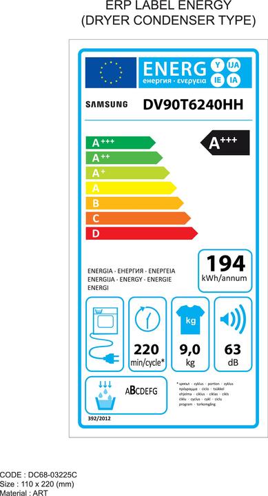 Energie-Label Samsung warmtepompdroger DV90T6240HH/S2 (9 kg, Rechts)