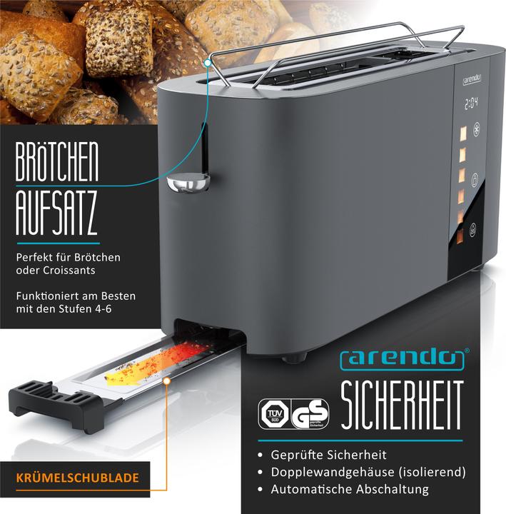Actual product image Arendo Toaster Edelstahl 2 Scheiben Langschlitz, Restzeit & Bräunungsgradanzeige, Touch Display, 1000 W (EU plug)