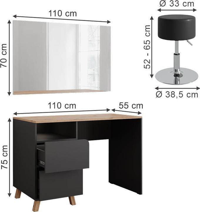 Actual product image Vichy Vanity table Karen, Anthracite/Artisan, 110 cm with stool (110 x 75 x 55 cm)