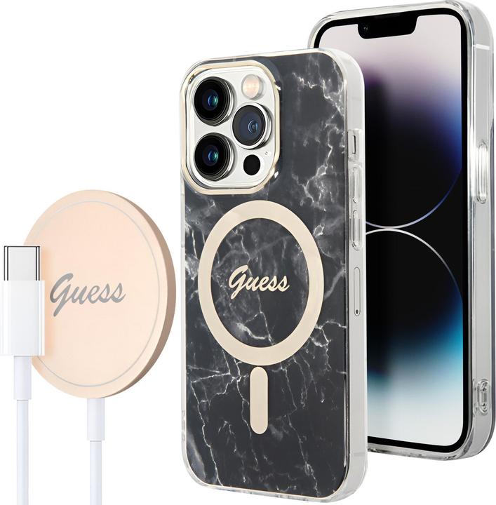 Image du produit Guess Zestaw GUBPP14LHMEACSK Étui+chargeur iPhone 14 Pro 6,1" czarny/black hard case Marble MagSafe (Apple iPhone 14 Pro)