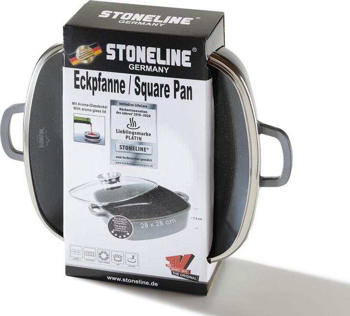 Actual product image Stoneline Eckpfanne 28x28 cm mit Aroma Glasdeckel, Pfanne rechteckig, Backofen, Induktion geeignet (Pan set + pot set, Aluminium)