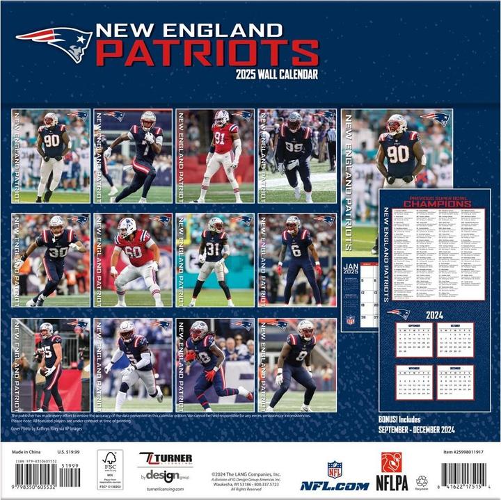 Immagine prodotto NFL - New England Patriots - Calendario da parete della squadra 2025 30,5 x 30,5 cm (30,5 x 30,5 cm, Francese, Italiano, Spagnolo, Tedesco, Inglese)