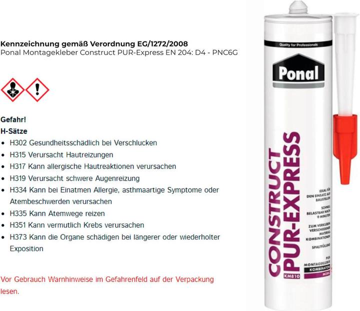 Produktbild Ponal PonalConstruct PUR-Express Montagekleber 440g-Kartusche, PNC6G (496 g)