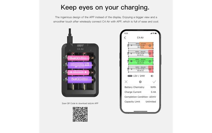Actual product image Isdt Charger C4 Air USB-C, for NiMH & Li-ion (1 pcs., 10440, 10500, 12500, 13500, 14500, 14650, 16650, 17650, 17670, 18650, 18700, 20700, 21700, 22650, 26650, AAA, AA, Battery + charger)