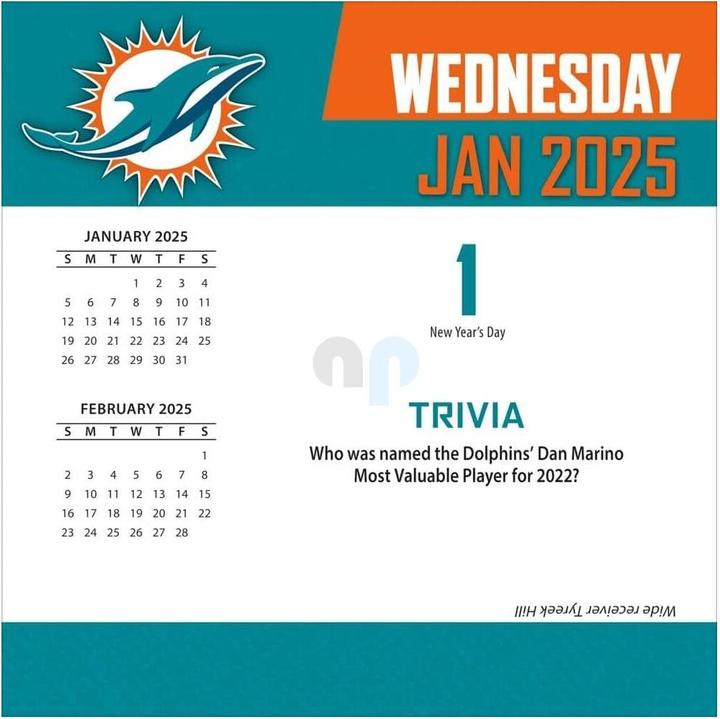 Label énergétique NFL - Miami Dolphins - Calendrier de bureau 2025 (Espagnol, Italien, Anglais, Allemand, Français)