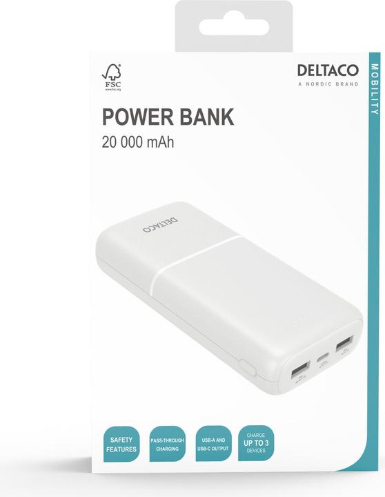 Actual product image Deltaco Powerbank 20,000 mAh, 2x USB-A, 1x USB-C - White (20000 mAh, 10.50 W)
