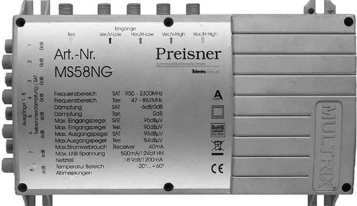 Actual product image Televes MS58NG. Product colour: Grey. Connector: F. Width: 204 mm, Depth: 57 mm, Height: 130 mm. Dimensions (Multi switch)