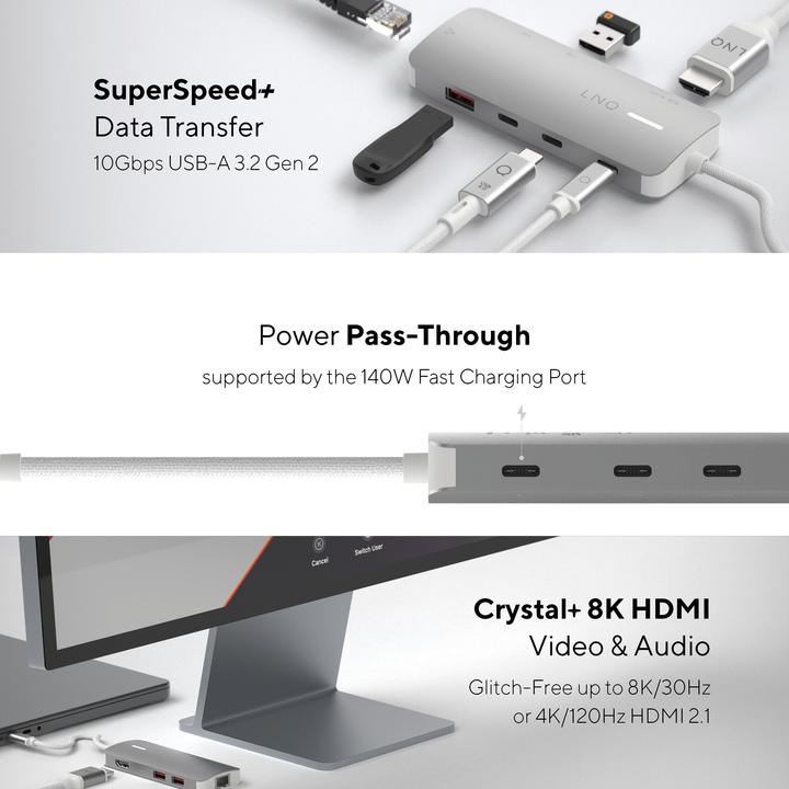 Image du produit LINQ Connects 8in1 8K PRO USB-C Multiport Hub 140W (USB-C, 8 Ports)
