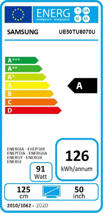 Etichetta energetica Samsung UE50TU8070 (50", LCD, 4K, 2020)