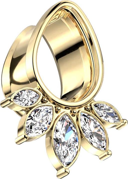 Star Piercing Flared Tunnel vergoldet Tropfen mit fünf Kristalltropfen (Chirurgenstahl 316L, Messing)