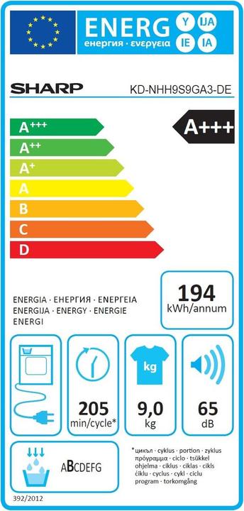 Energie-Label Sharp KD-NHH9S9GA3-DE (9 kg, Rechts)