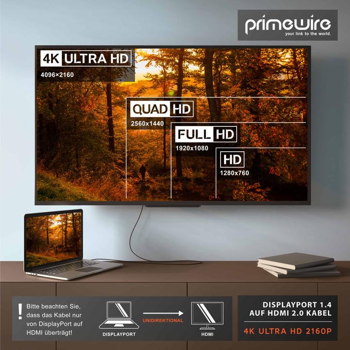Produktbild Primewire 4k DisplayPort auf HDMI Kabel, DP 1.4 zu HDMI Konverterkabel, Adapterkabel, UHD 2160p 4K 3840 x 2160 (3 m, DisplayPort)