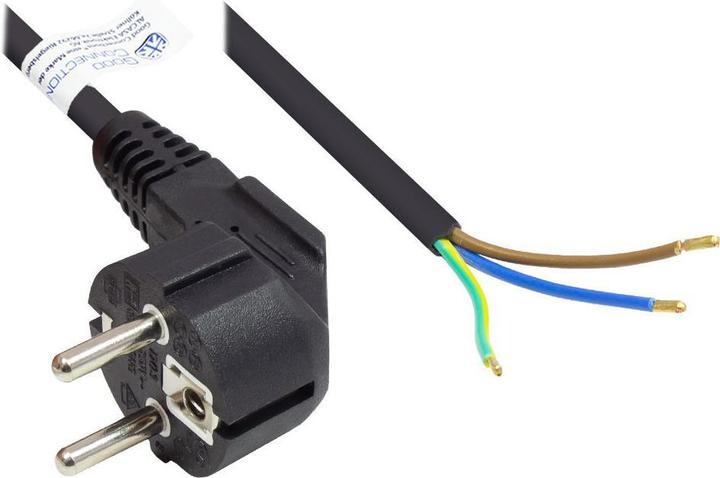 Actual product image Good Connections Mains cable earthing contact plug type E+F (CEE 7/7, angled) to stripped ends, black, 1.00 mm². (3 m, CEE 7/7)
