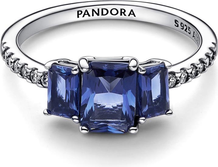 Actual product image Pandora Blue Rectangular Three Stone Sparkling Ring (50, 925 Silver)