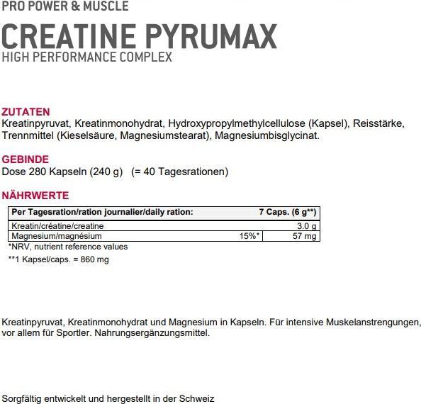 Nährwerte und Zutaten Sponser Creatine Pyrumax (280 Stück, Kapseln, 240 g)