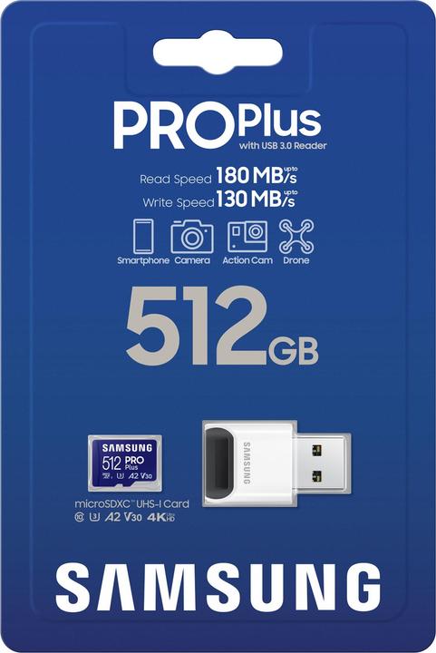 Actual product image Samsung PRO Plus with USB card reader (512 GB, microSDXC, U3, UHS-I)